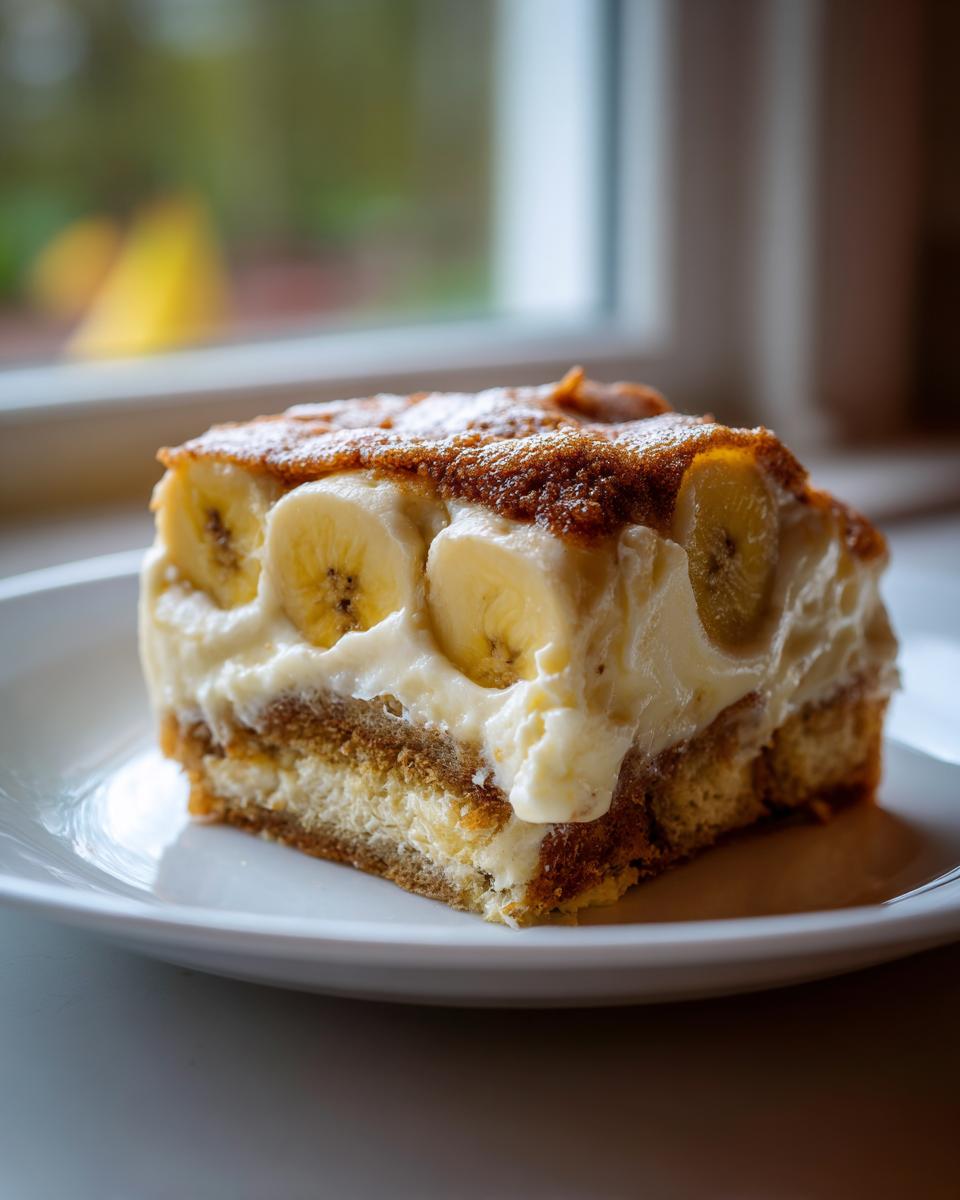 A rich slice of banana pudding dessert featuring layers of cream, cookies, and topped with fresh banana slices.
