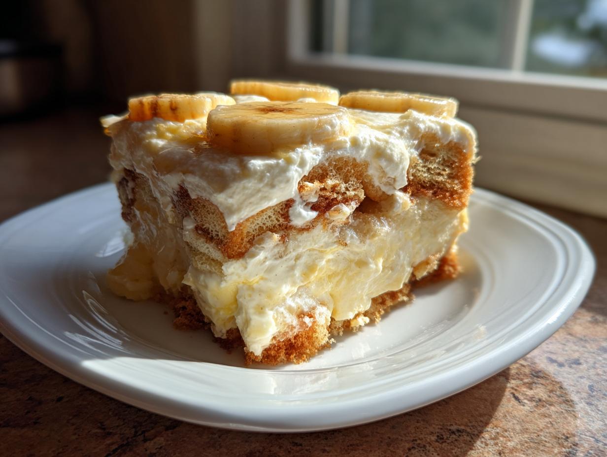 A generous slice of creamy banana pudding layered with vanilla wafers and topped with fresh banana slices.