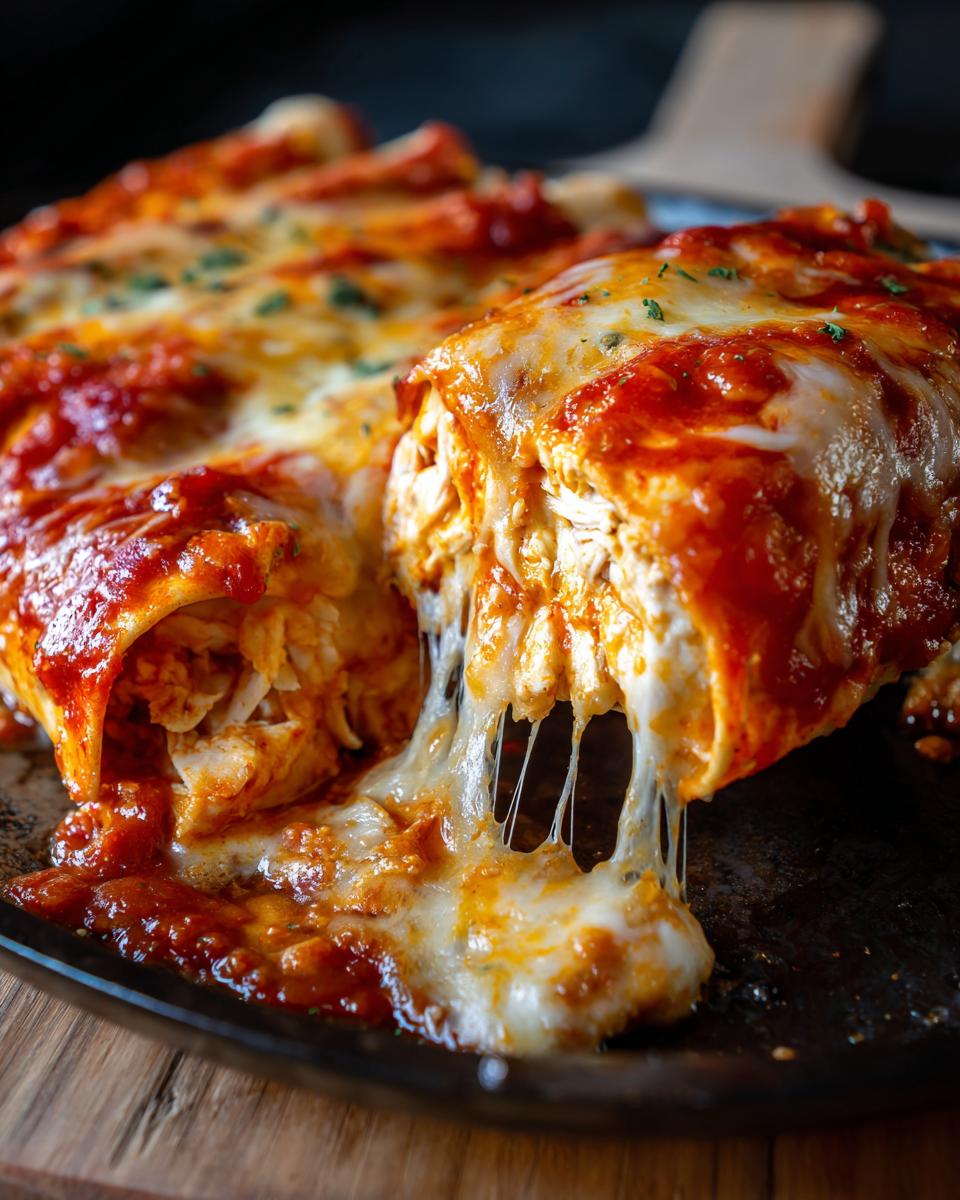 Close-up of easy chicken enchiladas being pulled apart, showing melted cheese strings and shredded chicken filling.