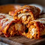 Close-up of easy chicken enchiladas cut open, showing shredded chicken filling and gooey, melted cheese stretching out.