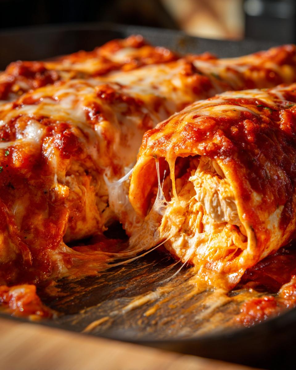 Close-up of easy chicken enchiladas oozing with melted cheese and covered in red sauce.
