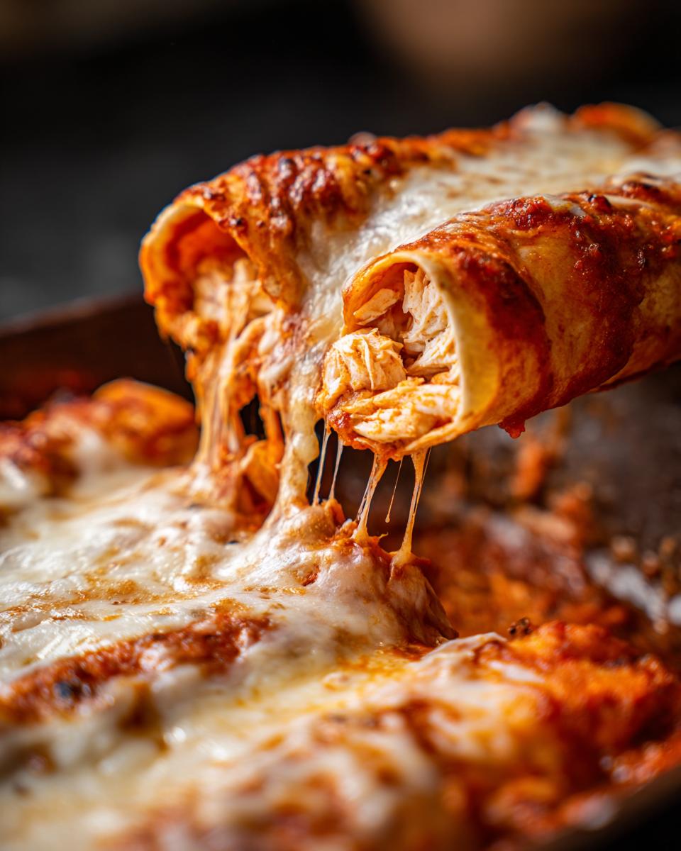 A close-up shot showing a cheesy pull from one of the easy chicken enchiladas covered in melted cheese and red sauce.