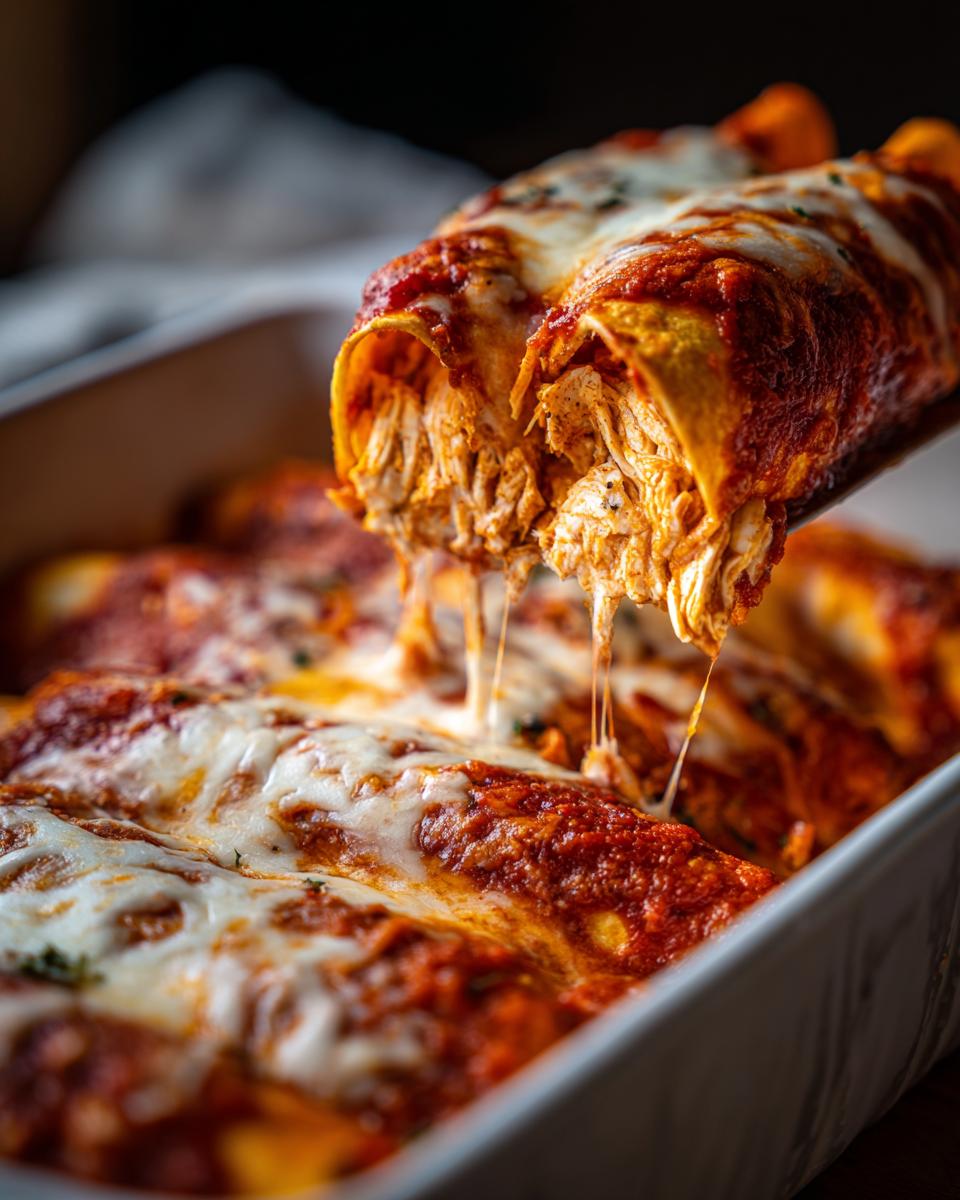 Two easy chicken enchiladas being lifted from a baking dish, showing melted cheese and shredded chicken filling spilling out.