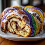 A close-up of a slice cut from a cinnamon swirl king cake, topped with white icing and purple, green, and gold sanding sugar.