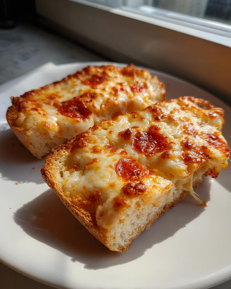 Two halves of a quick english muffin pizza topped with melted, bubbly cheese and pepperoni slices.