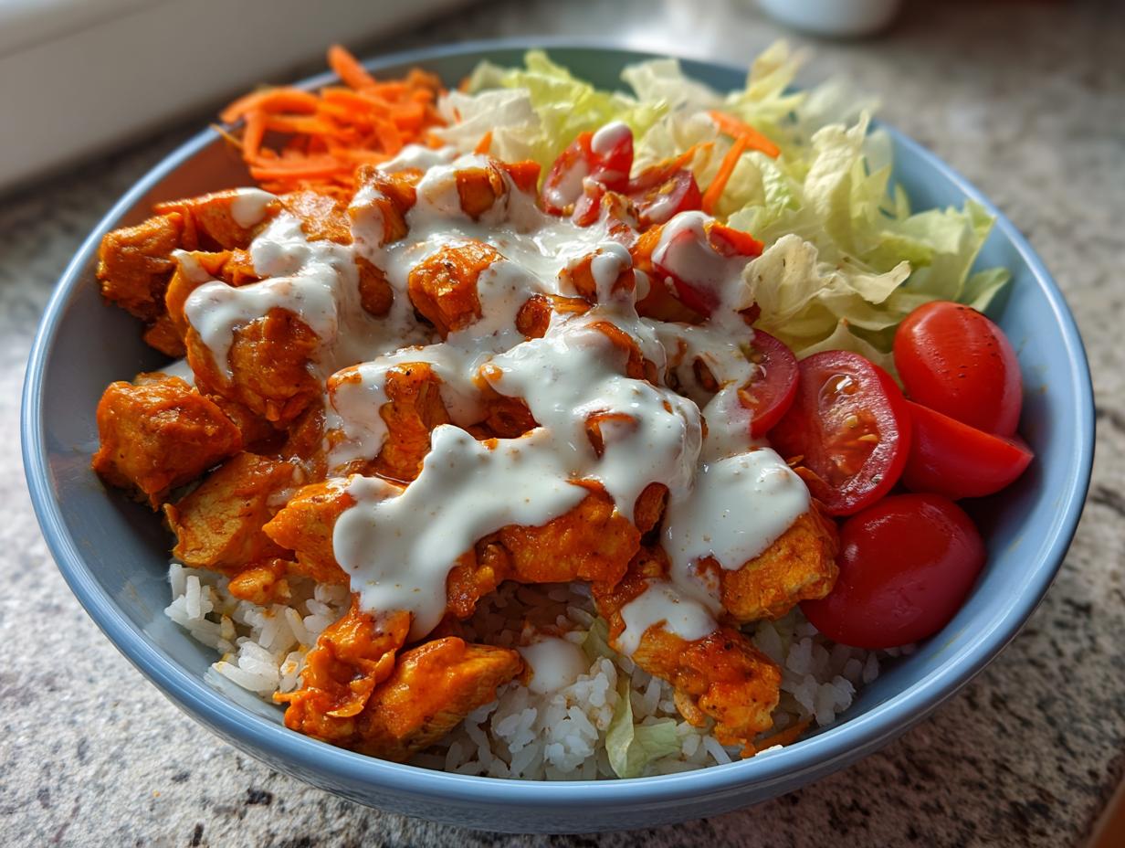 A vibrant buffalo chicken bowl featuring orange-glazed chicken pieces over rice, topped with ranch dressing, lettuce, tomatoes, and carrots.