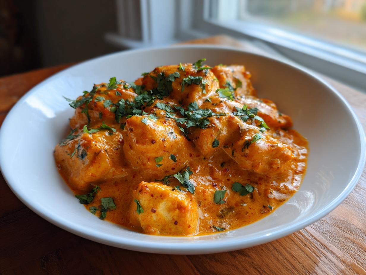 A close-up of rich, orange-red butter chicken pieces generously garnished with fresh cilantro in a white bowl.