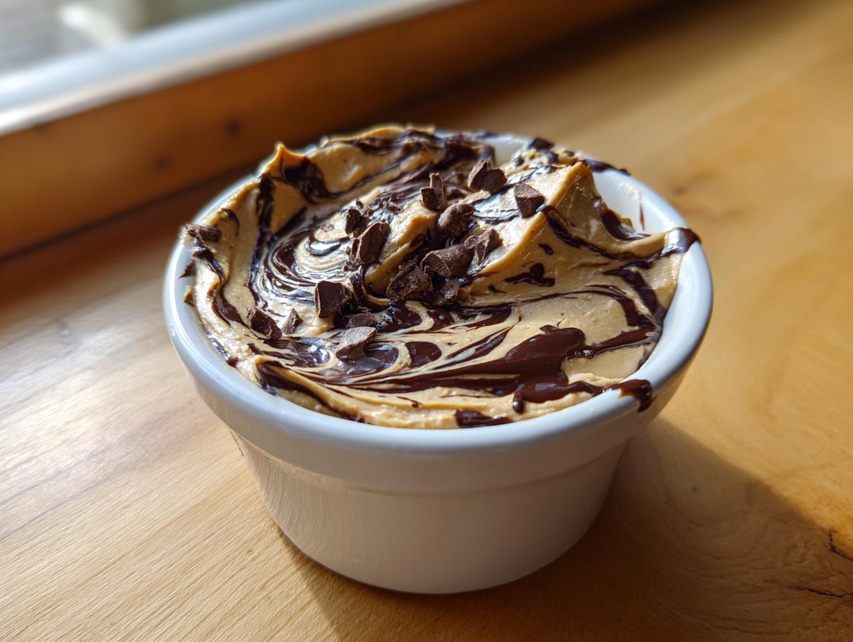 A close-up of a creamy peanut butter dip swirled with melted chocolate and topped with chocolate chips in a white ramekin.