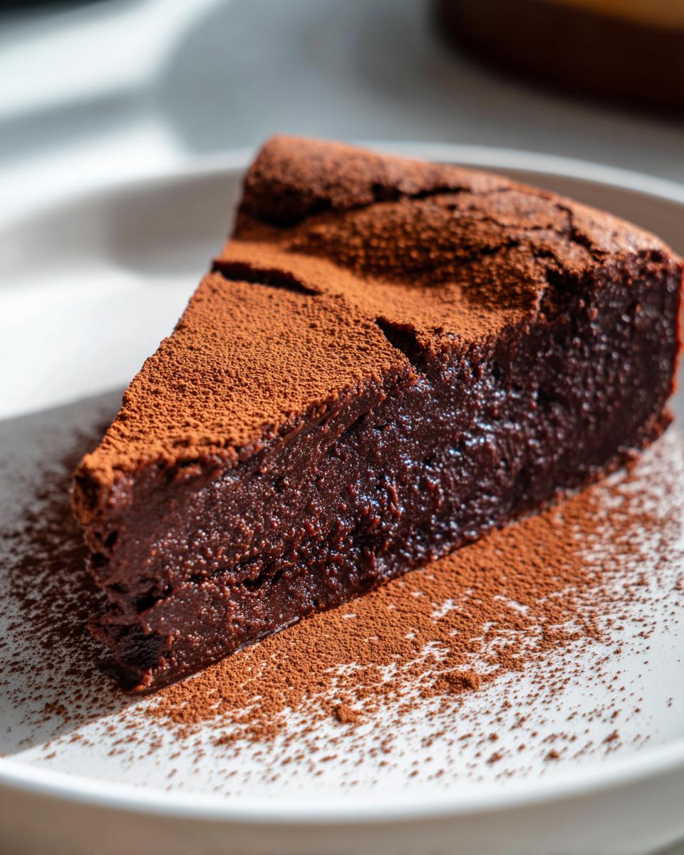 A decadent slice of flourless chocolate cake, intensely dark and moist, dusted heavily with cocoa powder.