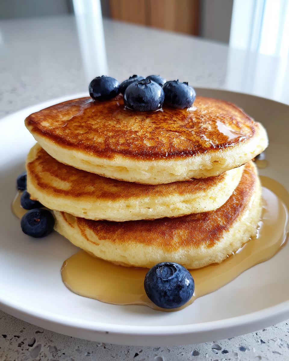 A stack of three fluffy almond flour pancakes drizzled with syrup and topped with fresh blueberries.