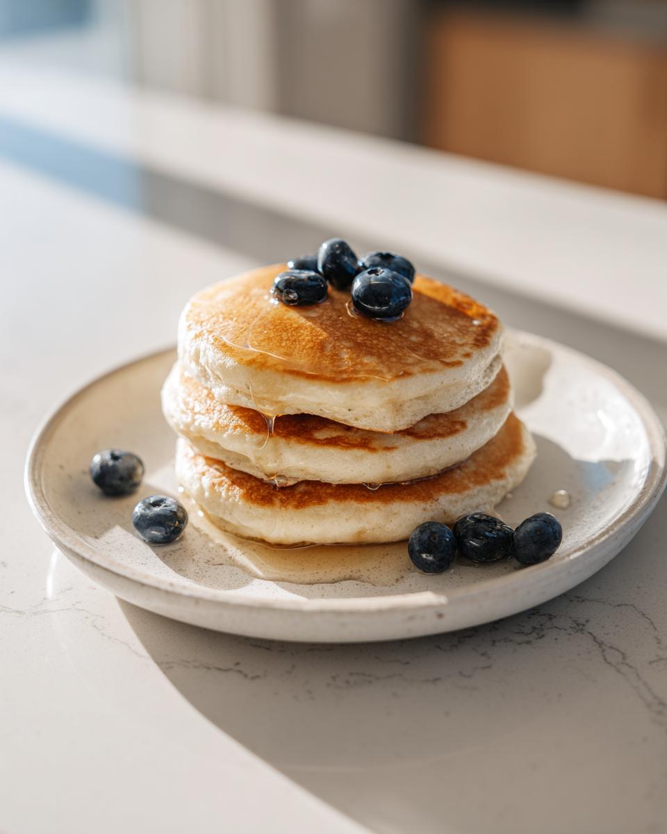 A stack of three fluffy almond flour pancakes drizzled with syrup and topped with fresh blueberries.