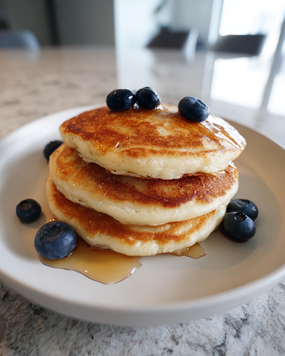 A stack of three golden brown almond flour pancakes drizzled with syrup and topped with fresh blueberries.
