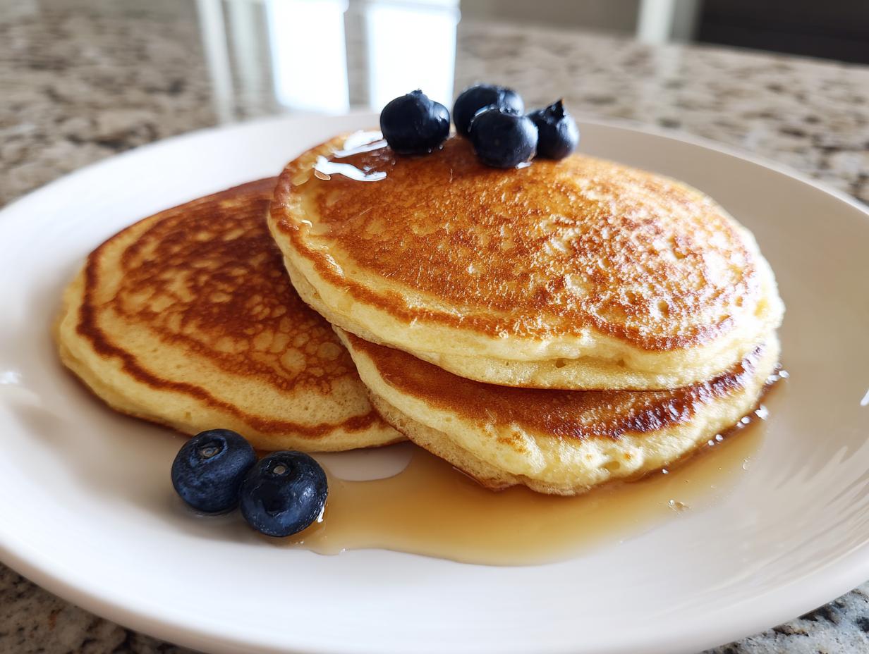 Close-up of a stack of fluffy almond flour pancakes drizzled with syrup and topped with fresh blueberries.
