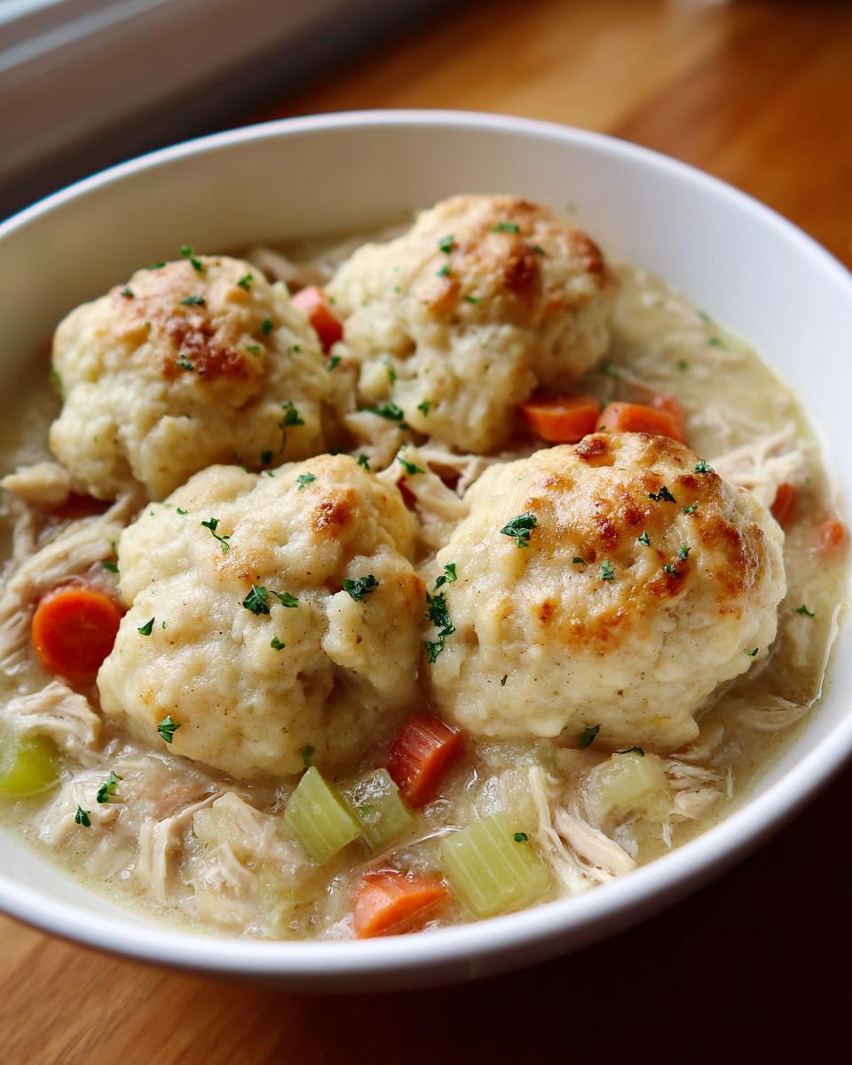 Close-up of three fluffy dumplings atop shredded chicken and vegetables in a bowl of creamy chicken and dumpling stew.
