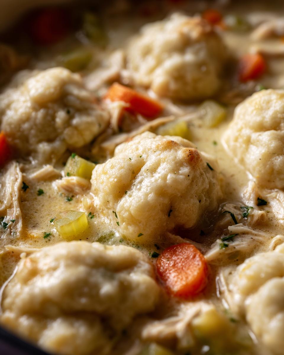 A close-up, macro view of fluffy dumplings nestled in a creamy broth with shredded chicken, carrots, and celery, showcasing the amazing chicken and dumplings.