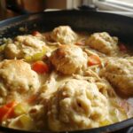 Close-up of fluffy, golden-topped dumplings resting in a rich, creamy broth with shredded chicken, carrots, and celery for amazing chicken and dumplings.