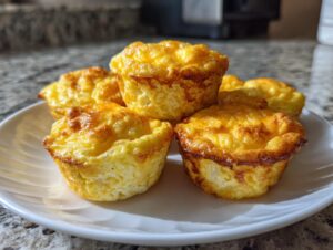 A close-up of several fluffy, golden brown egg bites stacked on a white plate.