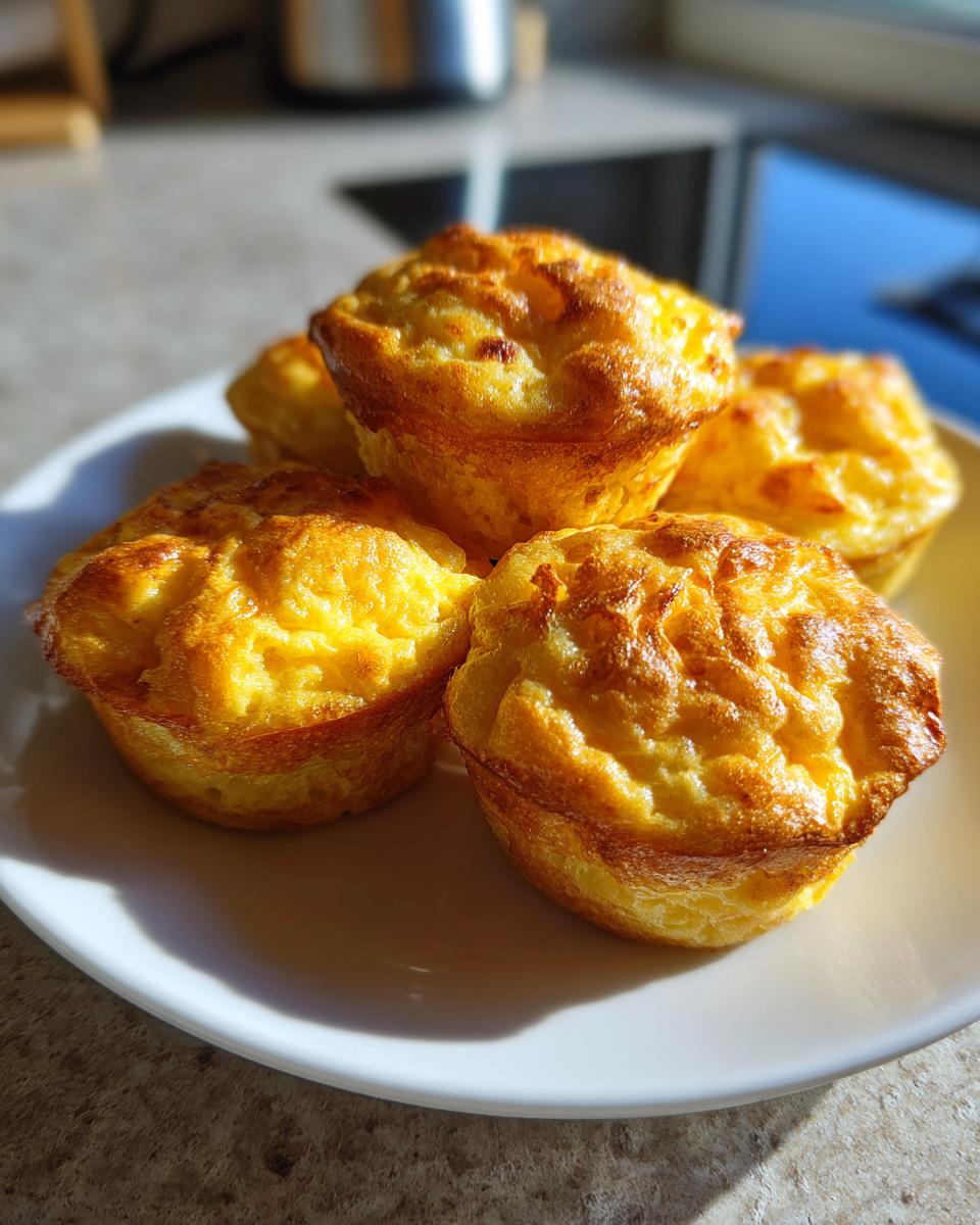 A stack of five golden brown, fluffy baked egg bites resting on a white plate in bright sunlight.