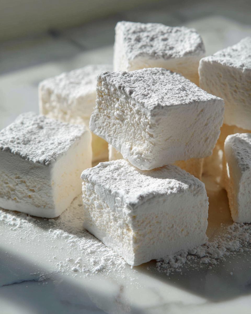 Close-up of fluffy, square homemade marshmallows dusted heavily with powdered sugar on a white marble surface.