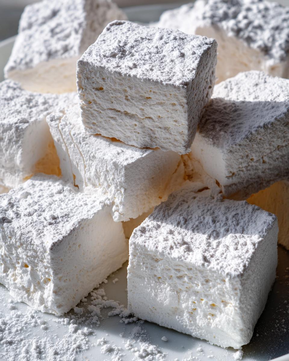 Close-up of several large, square homemade marshmallows heavily dusted with white powdered sugar.