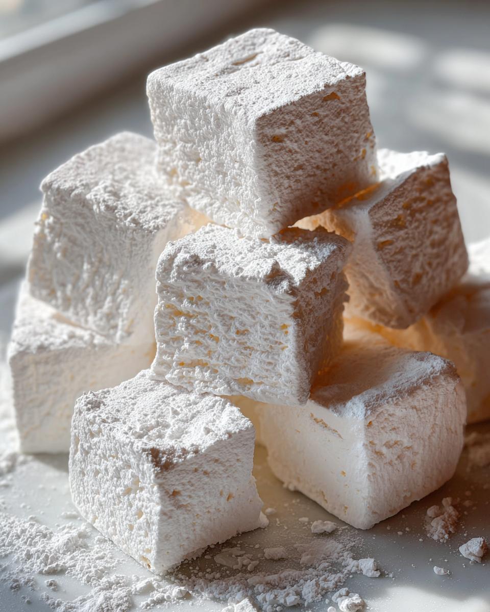 A close-up stack of fluffy, square homemade marshmallows generously dusted with powdered sugar.