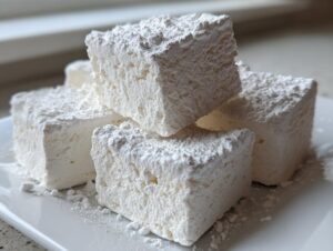 Close-up of several large, fluffy homemade marshmallows stacked on a white plate, heavily dusted with powdered sugar.