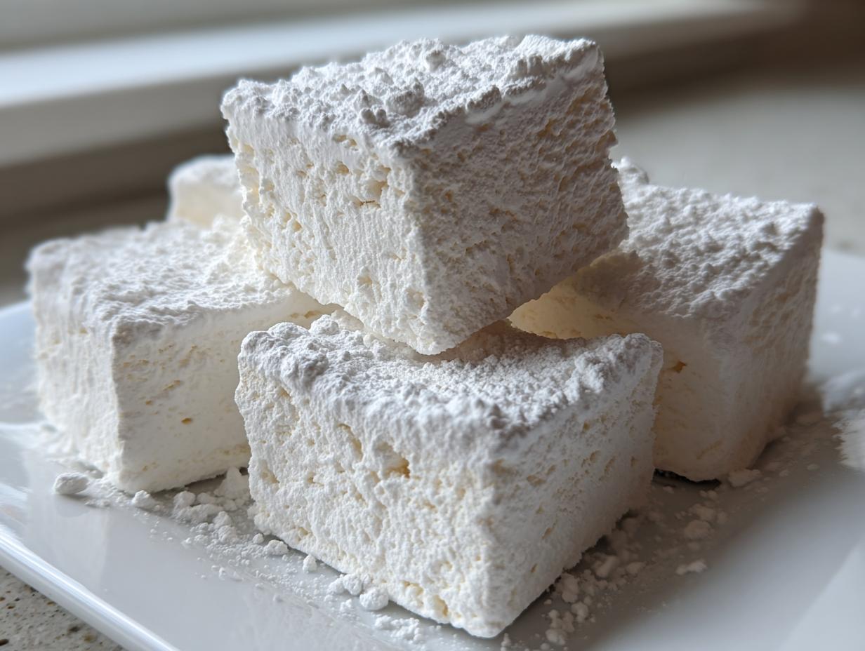 Close-up of several large, fluffy homemade marshmallows stacked on a white plate, heavily dusted with powdered sugar.