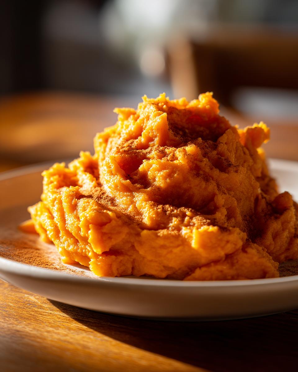 A close-up of fluffy, vibrant orange mashed sweet potatoes dusted lightly with cinnamon on a white plate.