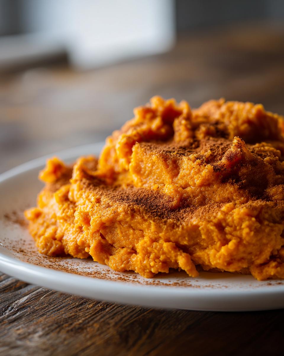 A close-up of creamy, bright orange mashed sweet potatoes topped generously with cinnamon.