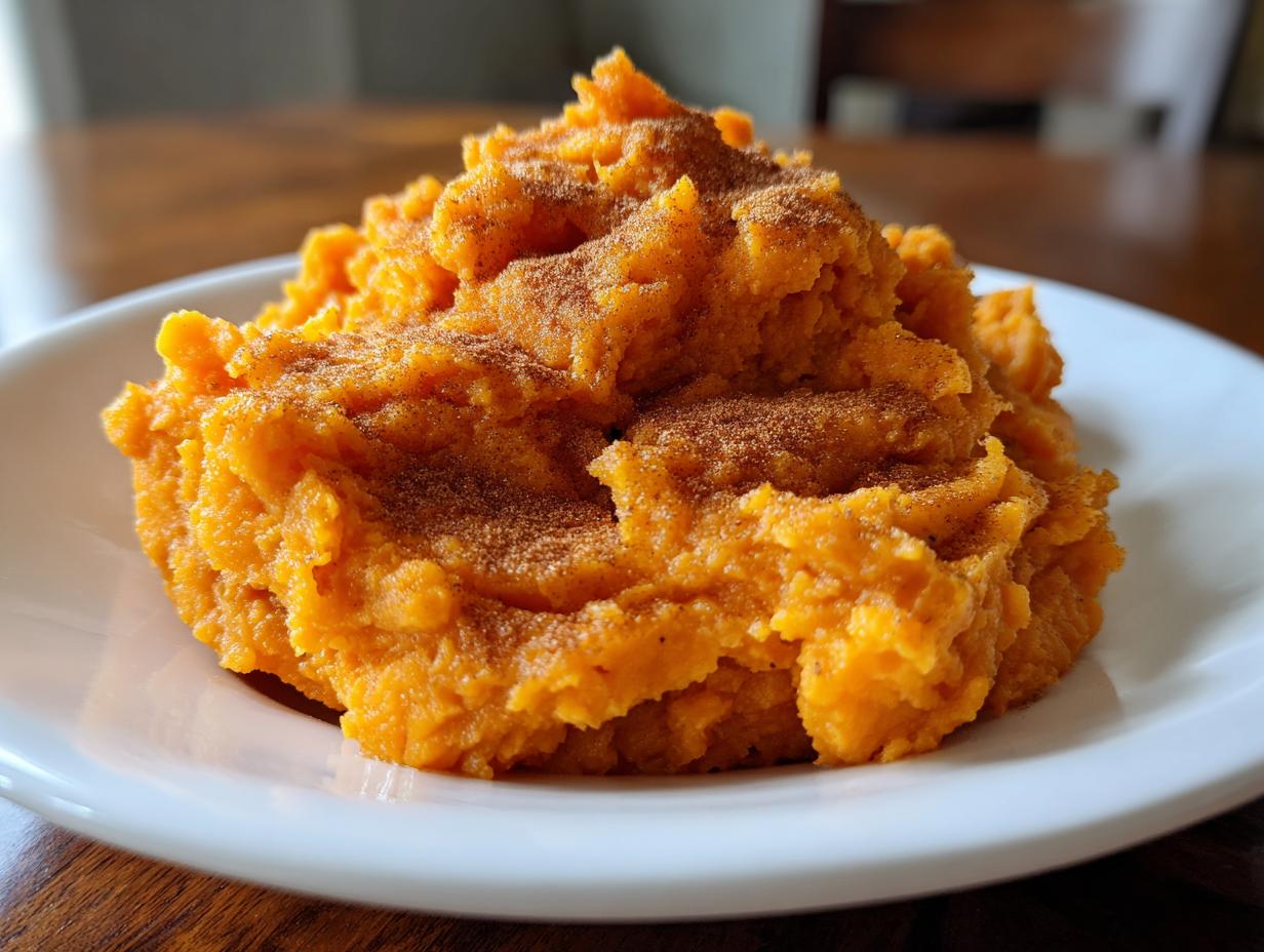 A mound of vibrant orange mashed sweet potatoes sprinkled with cinnamon on a white plate.