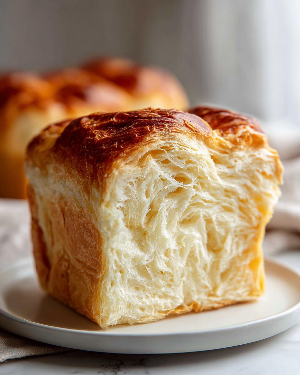 Close-up of a slice of incredibly soft milk bread showing its fluffy, stringy interior and golden-brown crust.