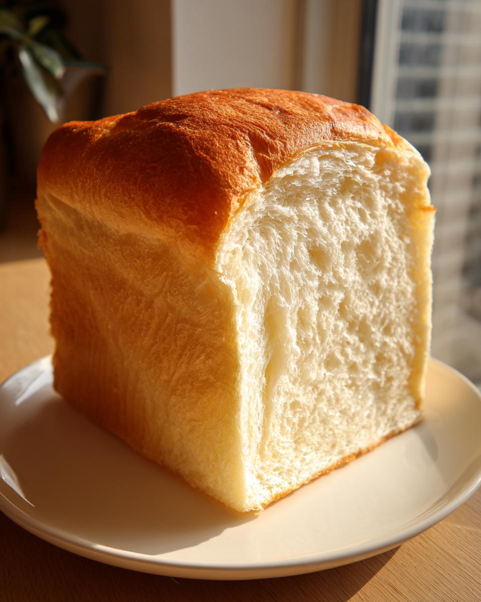 A tall, square loaf of incredibly soft milk bread with a golden-brown crust, cut to show the fluffy white interior.
