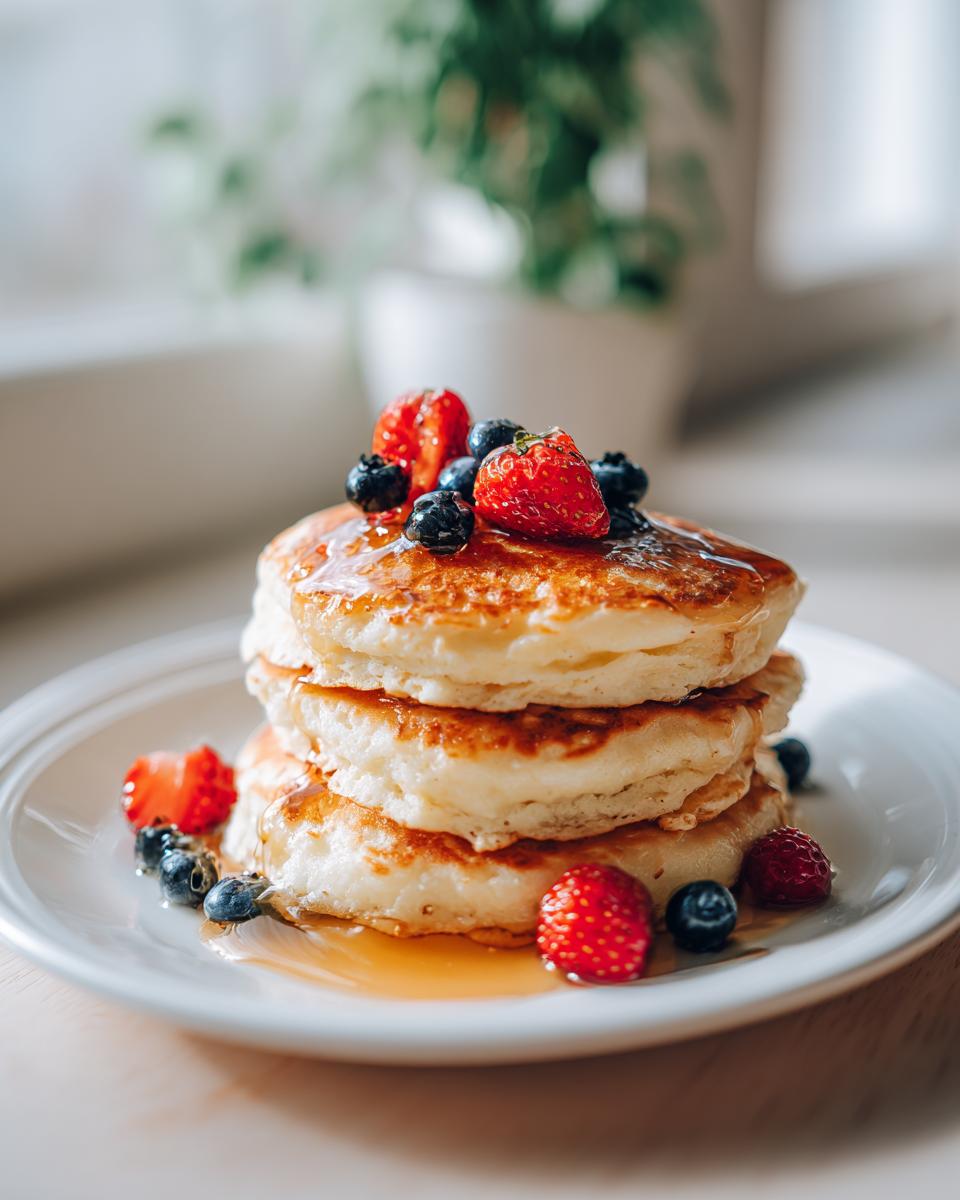 A tall stack of three fluffy pancakes drizzled with syrup and topped with fresh strawberries and blueberries.