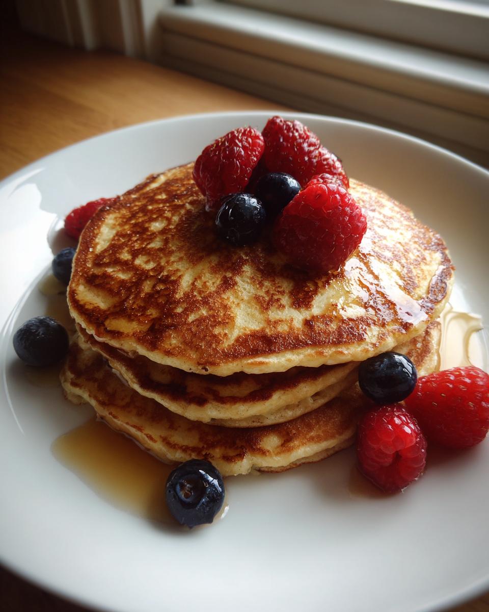 A stack of three fluffy pancakes topped with fresh raspberries, blueberries, and drizzled with syrup.