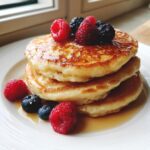A stack of three fluffy pancakes drizzled with syrup and topped with fresh raspberries and blackberries.