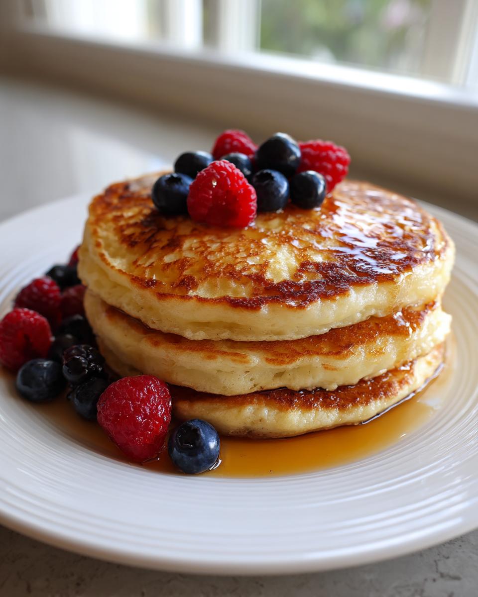 A stack of three fluffy pancakes topped with fresh raspberries, blueberries, and drizzled with syrup.
