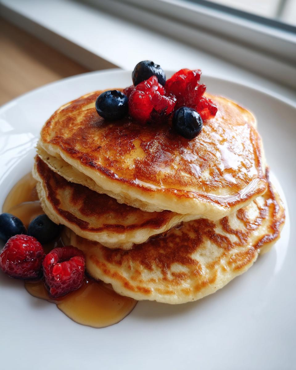 A stack of three fluffy pancakes drizzled with syrup and topped with fresh blueberries and raspberries.