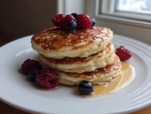 A stack of three fluffy pancakes drizzled with syrup and topped with fresh raspberries and blueberries.