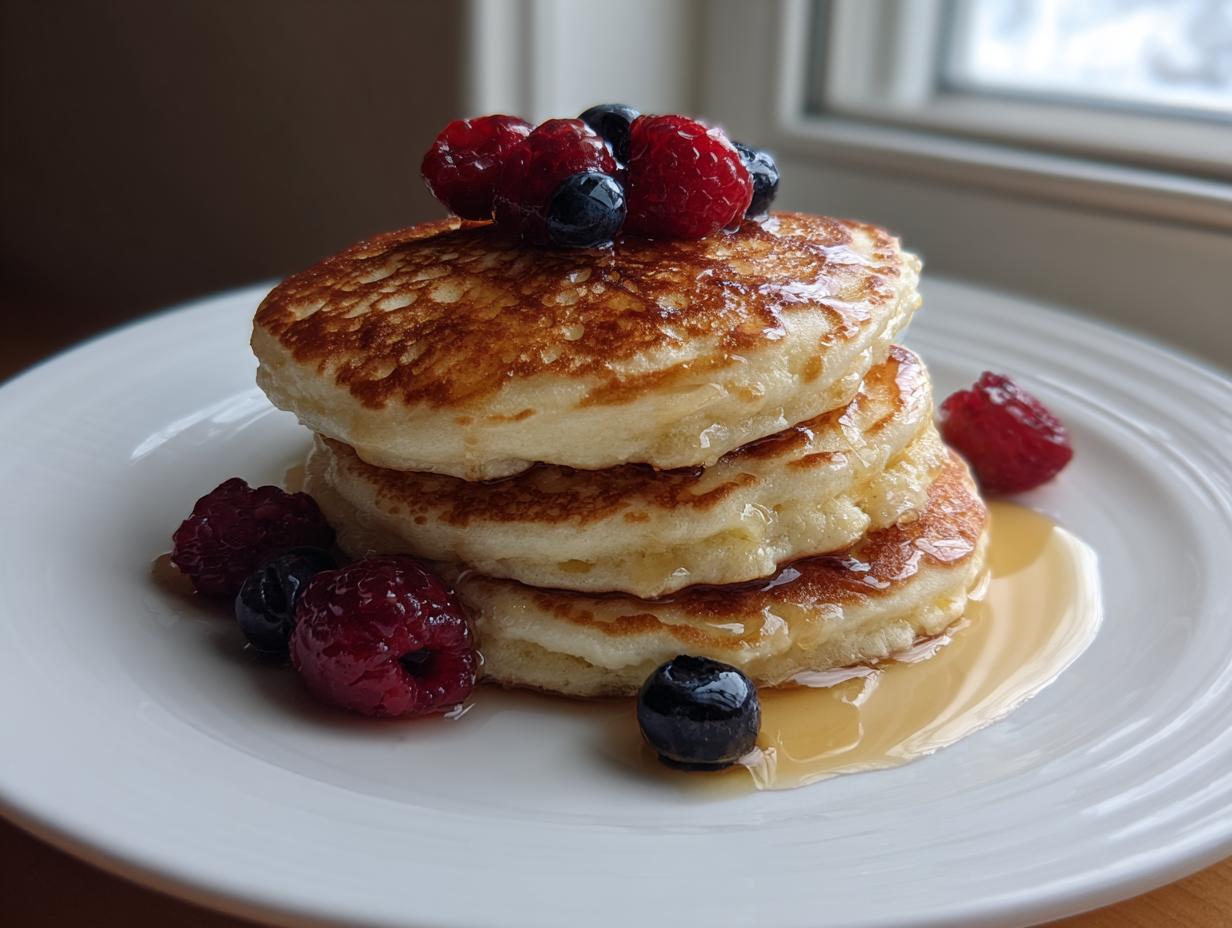 A stack of three fluffy pancakes drizzled with syrup and topped with fresh raspberries and blueberries.