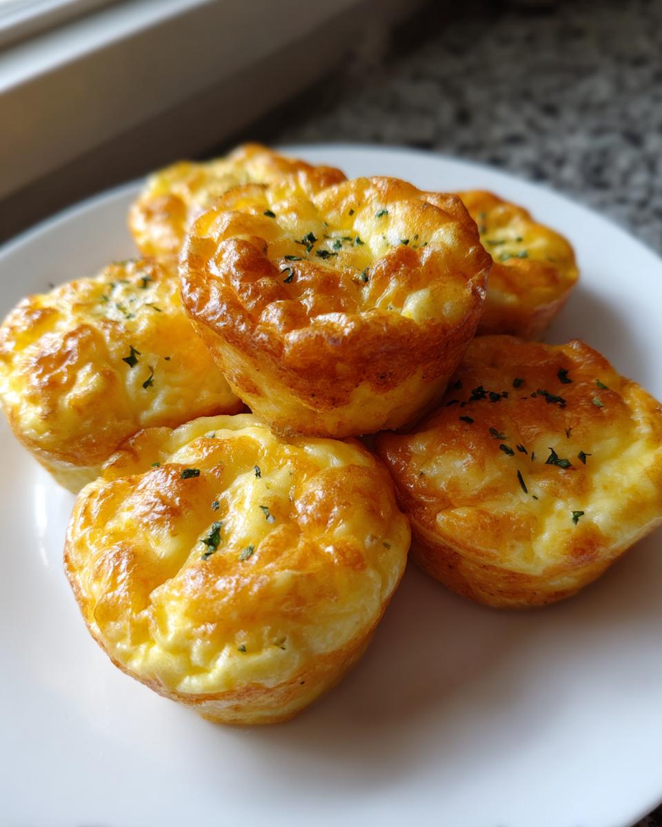 A close-up of several golden brown, fluffy egg bites stacked on a white plate, sprinkled with herbs.