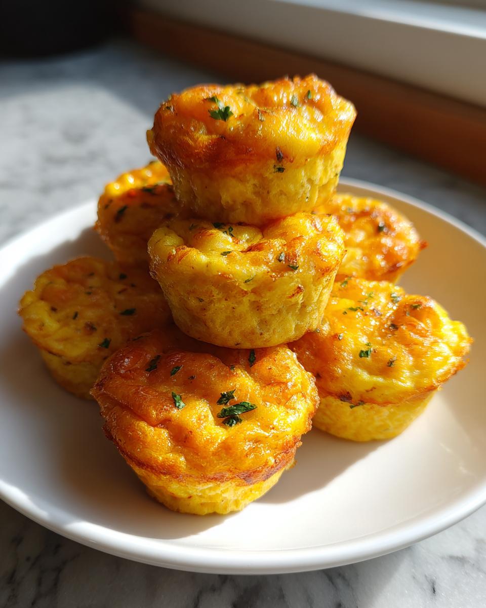 A stack of golden brown, fluffy egg bites garnished with fresh parsley, served on a white plate.