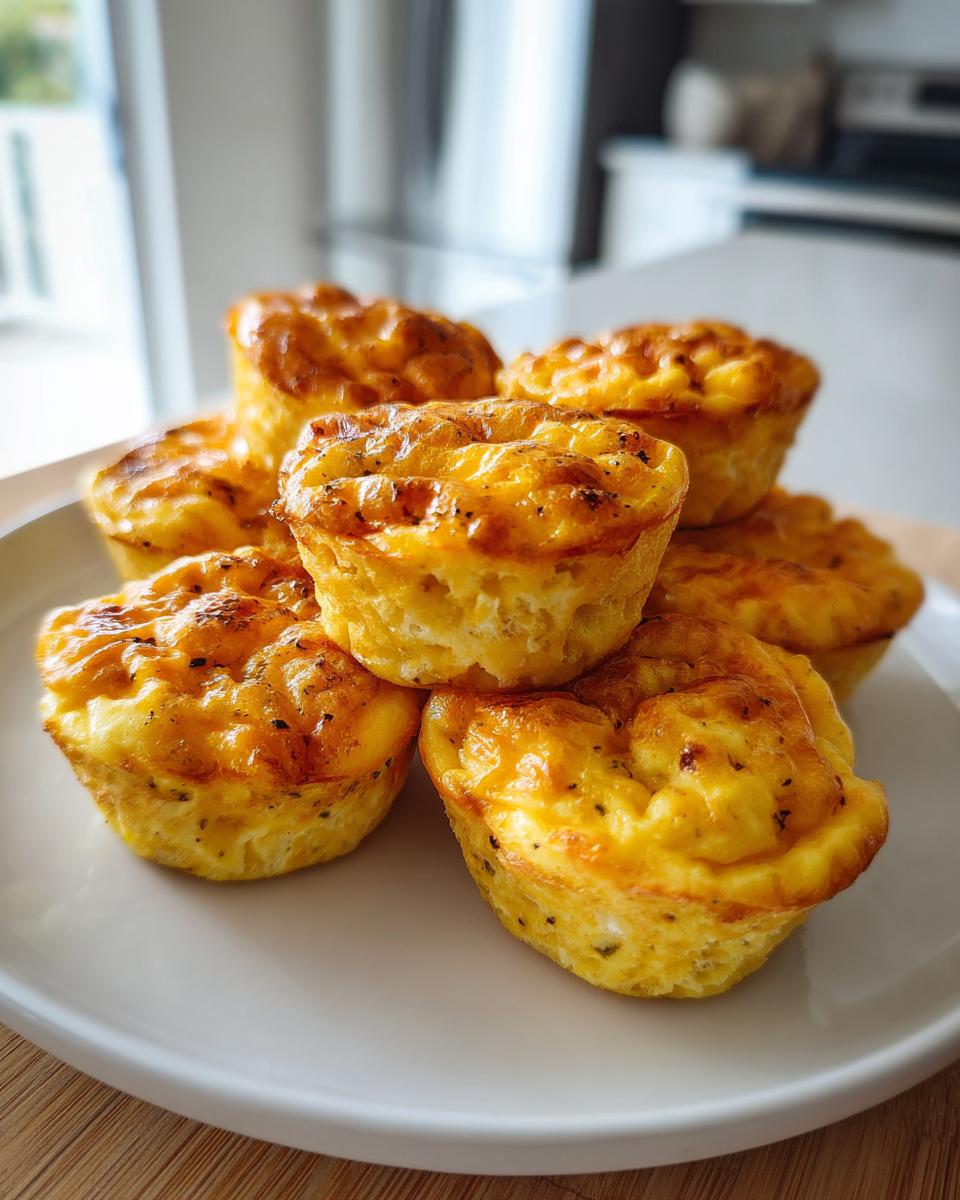 A stack of six fluffy, golden-brown homemade egg bites seasoned with pepper, resting on a white plate.