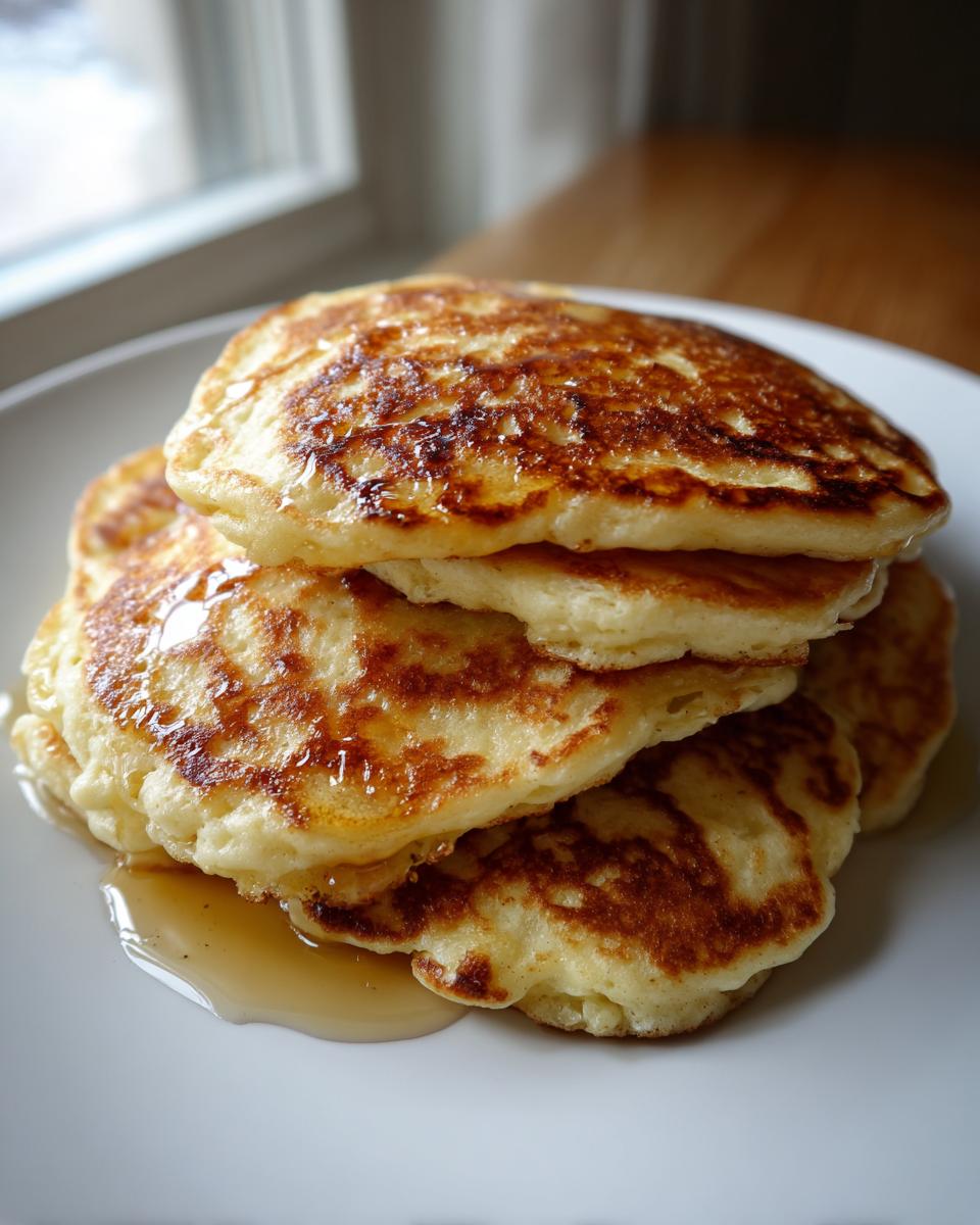 A close-up stack of four golden brown sourdough pancakes drizzled with syrup on a white plate.