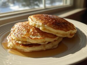 A stack of three golden brown sourdough pancakes drizzled with syrup, sitting on a white plate near a sunlit window.
