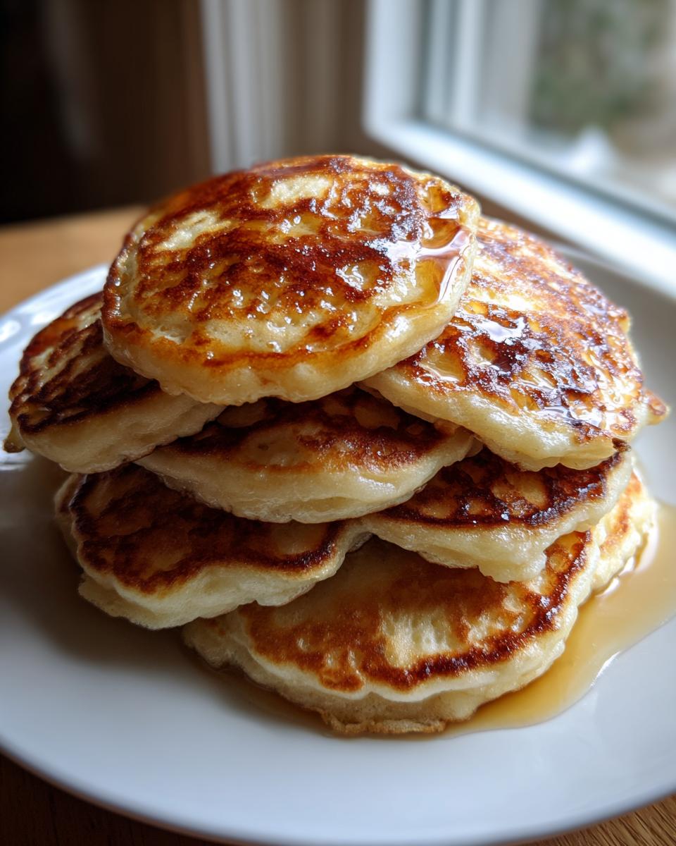 A tall stack of golden-brown sourdough pancakes generously drizzled with syrup on a white plate.