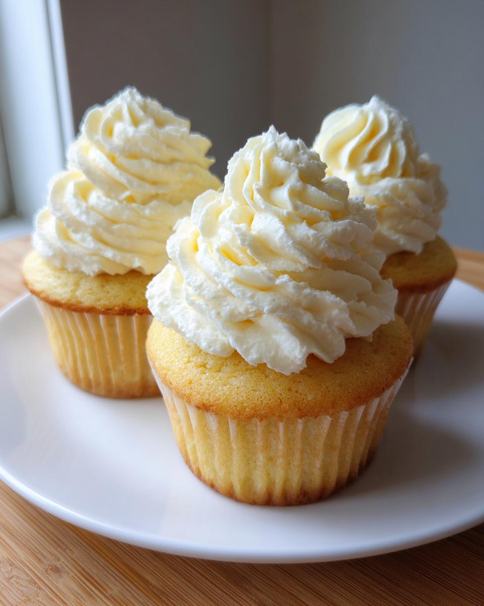 Three moist vanilla cupcakes topped with tall swirls of creamy white vanilla frosting, sitting on a white plate.