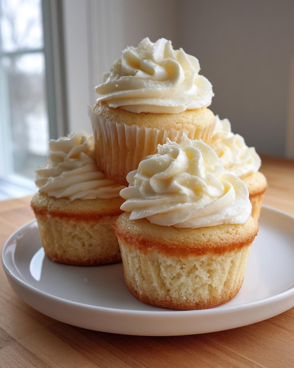 A stack of fluffy vanilla cupcakes topped with swirls of white buttercream frosting on a white plate.