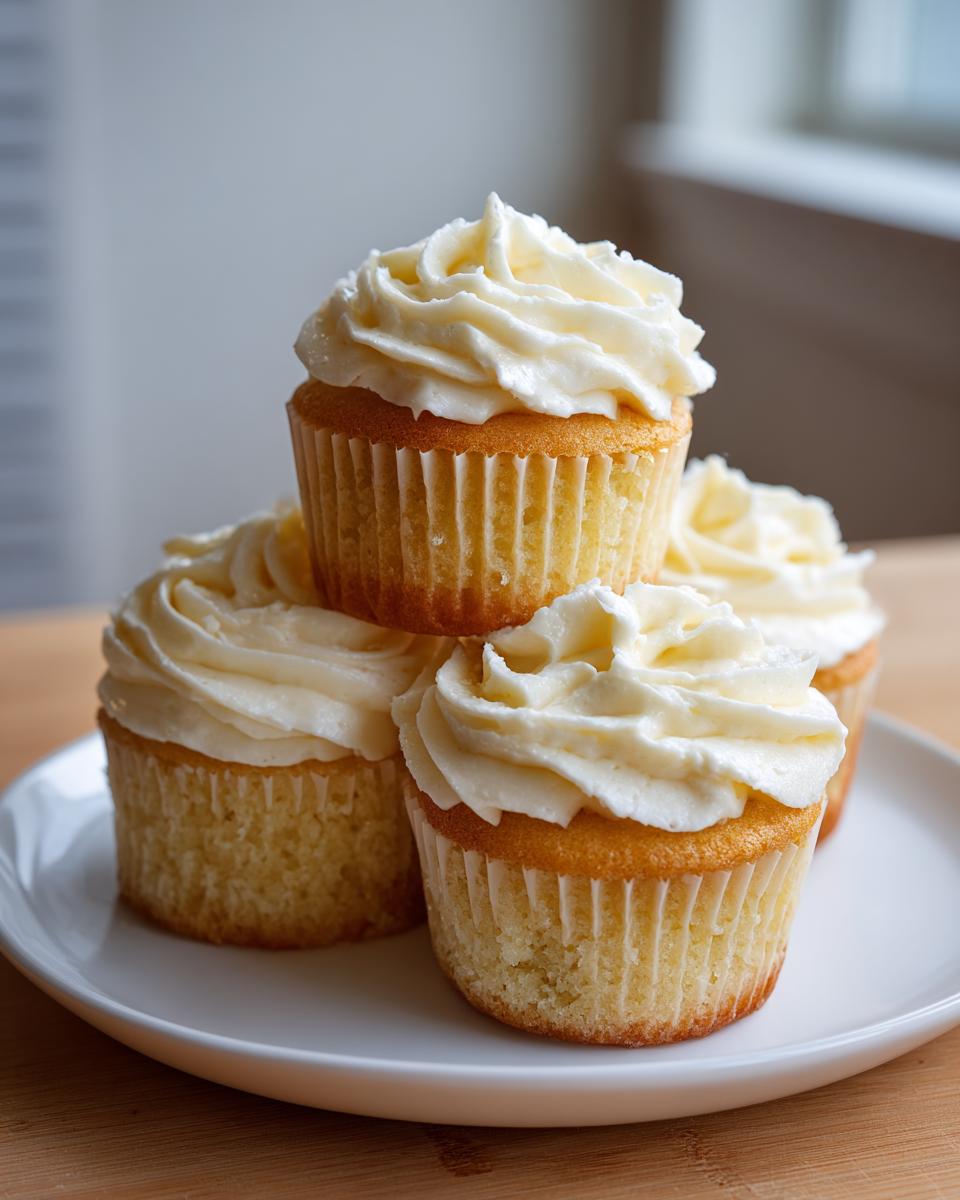 A stack of fluffy vanilla cupcakes topped with white buttercream frosting served on a white plate.