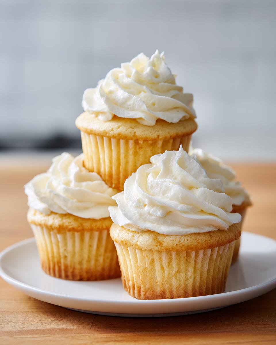 A stack of four moist vanilla cupcakes topped with swirls of white buttercream frosting, presented on a white plate.