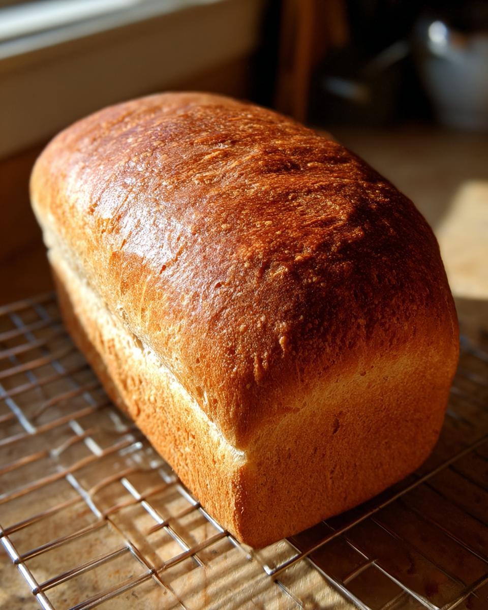 A golden-brown, perfectly risen loaf of whole wheat bread cooling on a wire rack in the sunlight.
